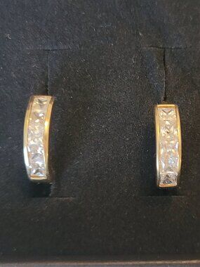 14k Hoop Earrings Princess Cut CZs Yellow Gold Dainty